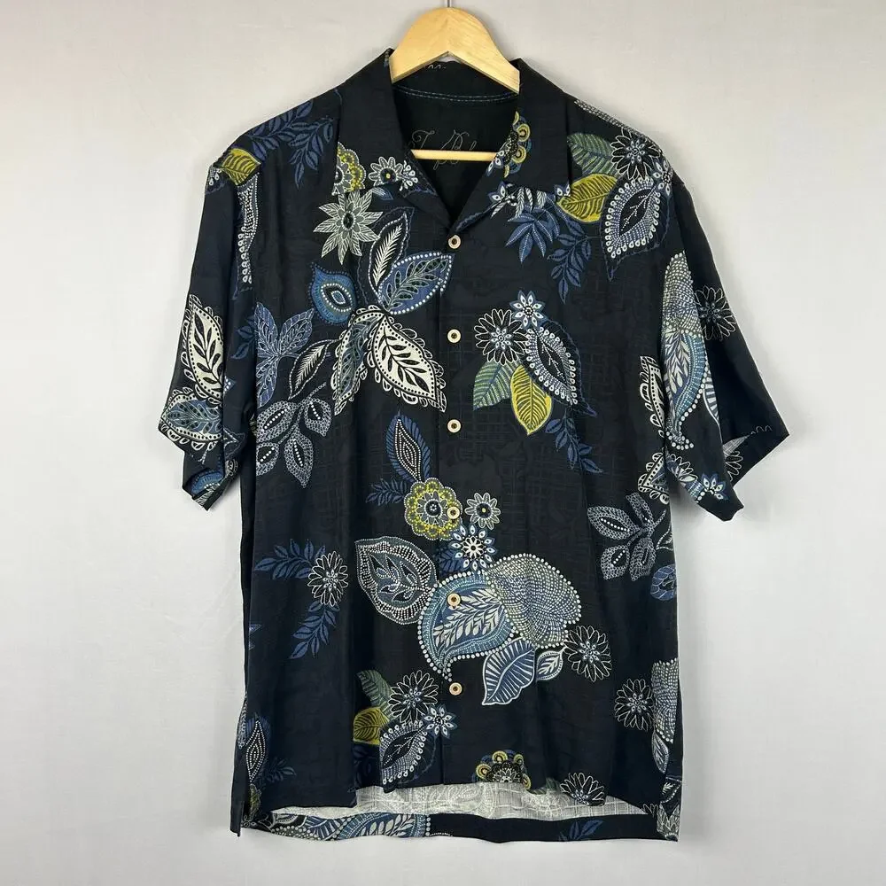 Tommy Bahama Floral 100% Silk Button Down Shirt Blue Beach Tropical Men's Size M